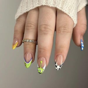 24Pcs Almond Press on Nails Short Fake Nails Summer Reusable False Nails with Cute Cartoon Pattern Design Artificial Acrylic Nails Press ons Holiday Glue-Free Nails Halloween Nails for Women
