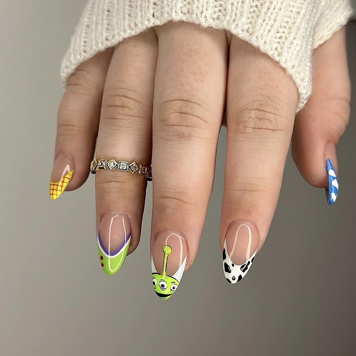24Pcs Almond Press on Nails Short Fake Nails Summer Reusable False Nails with Cute Cartoon Pattern Design Artificial Acrylic Nails Press ons Holiday Glue-Free Nails Halloween Nails for Women