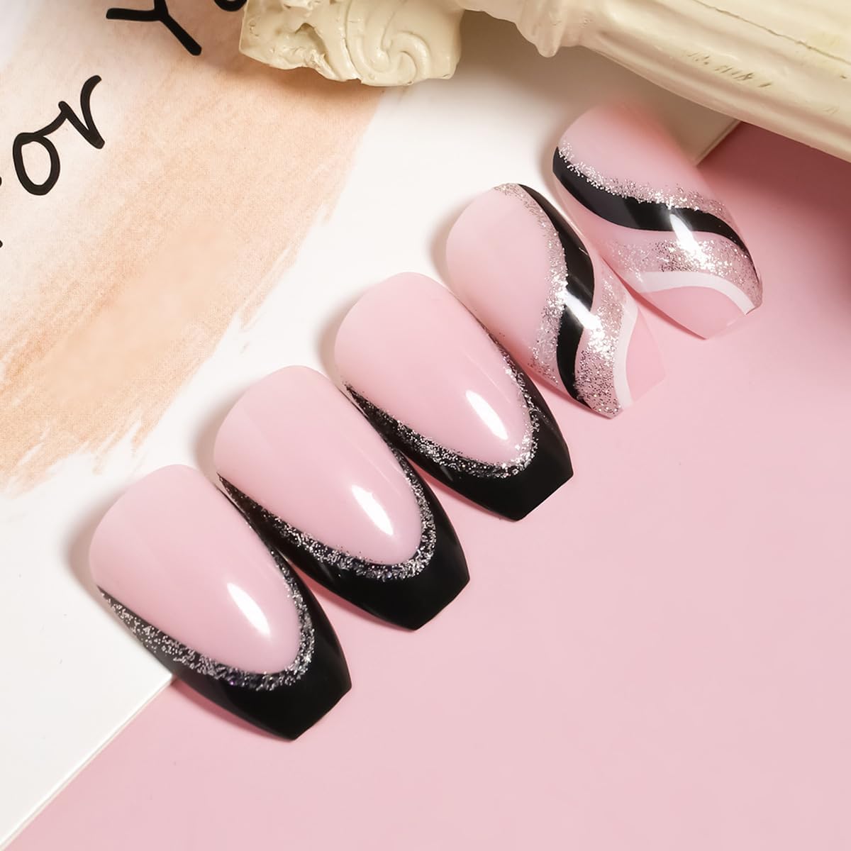 24PCS Black French Tip Glossy Coffin Nails With Silver Glitter Line Designs - Medium Length Square Fake Nails Full Cover - Artificial Acrylic False Glue On Nails - Image 5