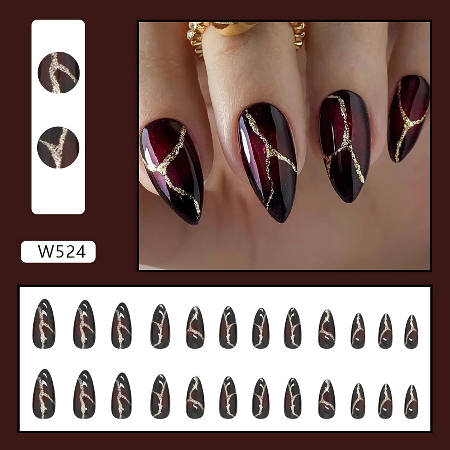 24PCS Black Full Cover Reusable Glossy False Nails Kits, Press on Nails Pointed Medium Length with Gold Lightning Designs Artificial Fingernails Acrylic Fake Nails for Women Glue on Nails Almond Shape - Image 2