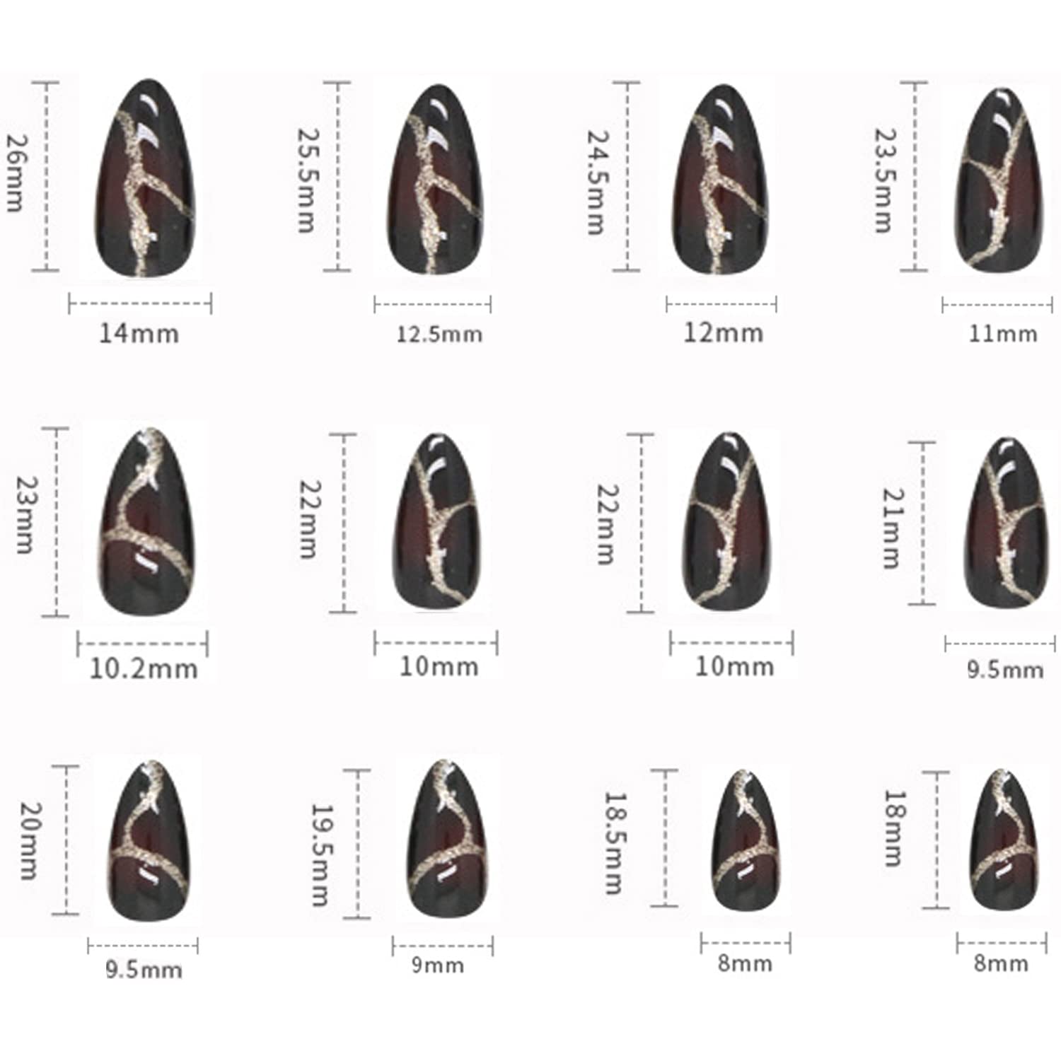 24PCS Black Full Cover Reusable Glossy False Nails Kits, Press on Nails Pointed Medium Length with Gold Lightning Designs Artificial Fingernails Acrylic Fake Nails for Women Glue on Nails Almond Shape - Image 3