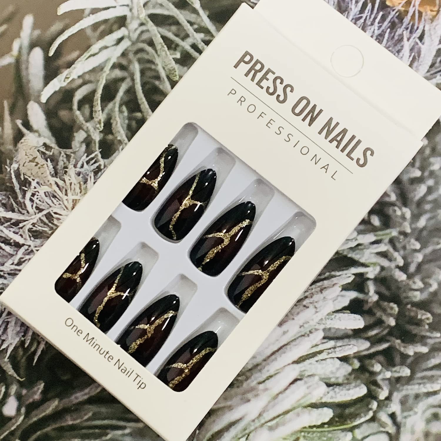 24PCS Black Full Cover Reusable Glossy False Nails Kits, Press on Nails Pointed Medium Length with Gold Lightning Designs Artificial Fingernails Acrylic Fake Nails for Women Glue on Nails Almond Shape - Image 6