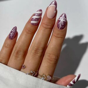 24Pcs Christmas Press on Nails Medium Almond Purple Fake Nails with Glue French Tip Bow Candy Acrylic Nails Supply Winter Xmas Purple Glossy False Nails Stick on Nails for Women and Girls DIY Manicure