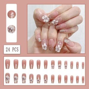 24Pcs Christmas Press on Nails Medium Coffin Snowflake Fake Nails White Bevel French Rhinestone Snowflake Design Ballerina False Nails Pink Full Cover Acrylic Nails for Women Girls Nail Decorations