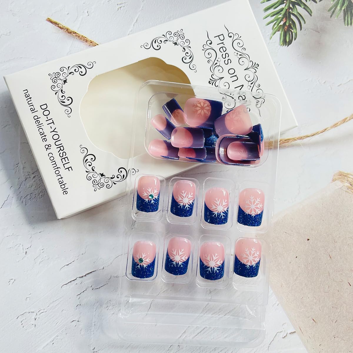 24Pcs Christmas Snowflake Press on Nails Short Square French Tips Fake Nails Blue Glitter Nail Tips Acrylic Nails with Rhinestone Design Christmas Glue on Nails for Women Winter Christmas Nails Decor - Image 3