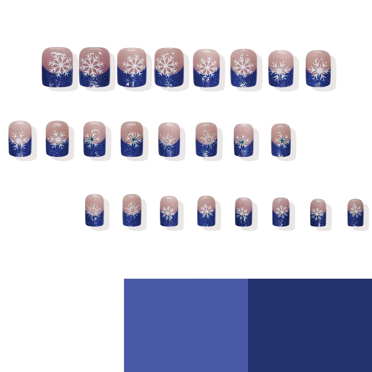 24Pcs Christmas Snowflake Press on Nails Short Square French Tips Fake Nails Blue Glitter Nail Tips Acrylic Nails with Rhinestone Design Christmas Glue on Nails for Women Winter Christmas Nails Decor - Image 2