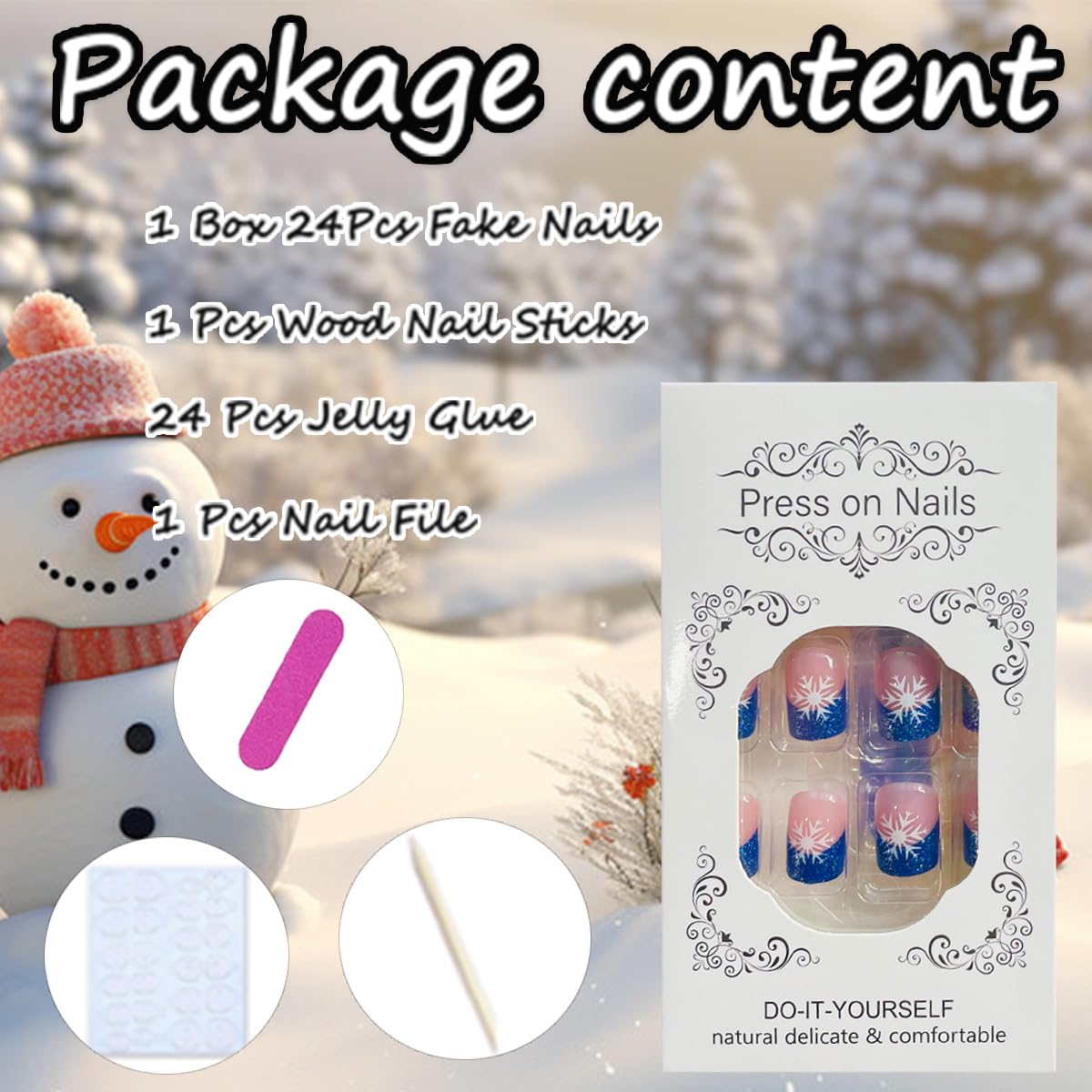 24Pcs Christmas Snowflake Press on Nails Short Square French Tips Fake Nails Blue Glitter Nail Tips Acrylic Nails with Rhinestone Design Christmas Glue on Nails for Women Winter Christmas Nails Decor - Image 6