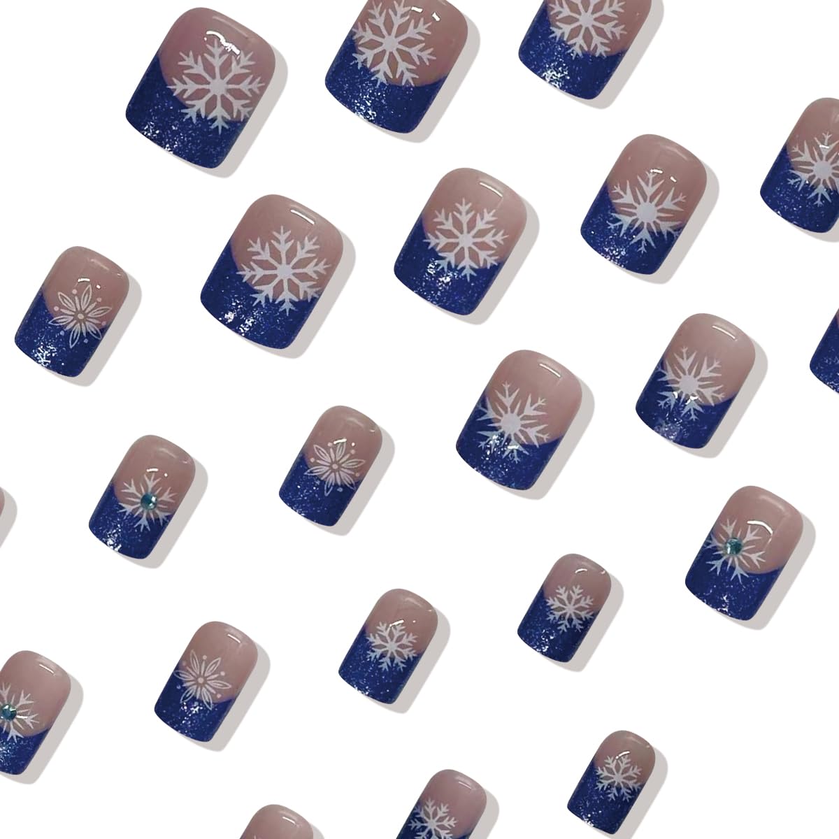 24Pcs Christmas Snowflake Press on Nails Short Square French Tips Fake Nails Blue Glitter Nail Tips Acrylic Nails with Rhinestone Design Christmas Glue on Nails for Women Winter Christmas Nails Decor - Image 5