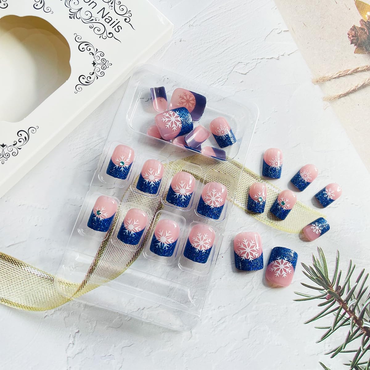24Pcs Christmas Snowflake Press on Nails Short Square French Tips Fake Nails Blue Glitter Nail Tips Acrylic Nails with Rhinestone Design Christmas Glue on Nails for Women Winter Christmas Nails Decor - Image 4