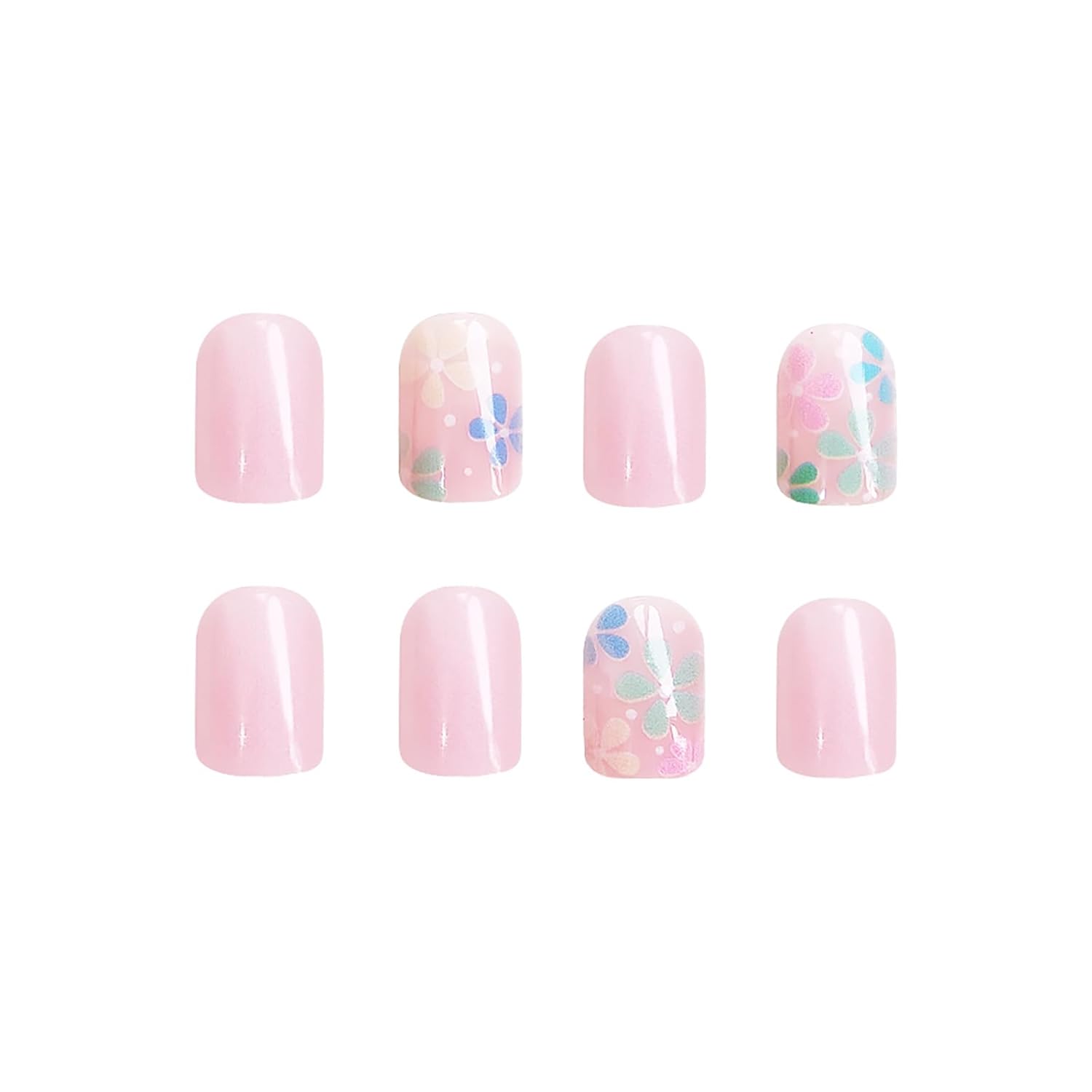 24Pcs Colorful Flower Press-On Nails - Short, Square, Fake, Spring-Summer Nail Art Set, Light Pink Acrylic, Full Cover Glossy False Nails for Women & Girls - Image 2