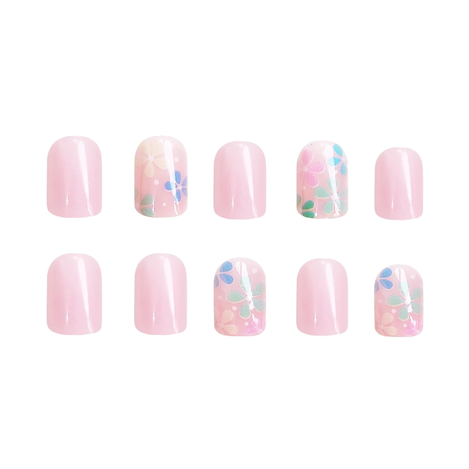 24Pcs Colorful Flower Press-On Nails - Short, Square, Fake, Spring-Summer Nail Art Set, Light Pink Acrylic, Full Cover Glossy False Nails for Women & Girls - Image 3