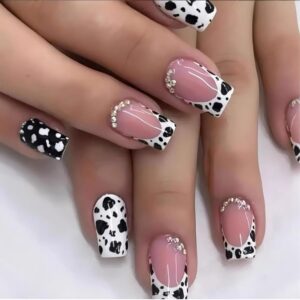 24Pcs Cow Press on Nails Short Square French Tip Fake Nails with Glitter Rhinestones Design Black White False Nails Full Cover Glue on Nails Glossy Leopard Acrylic Nails Cute Stick on Nails for Women