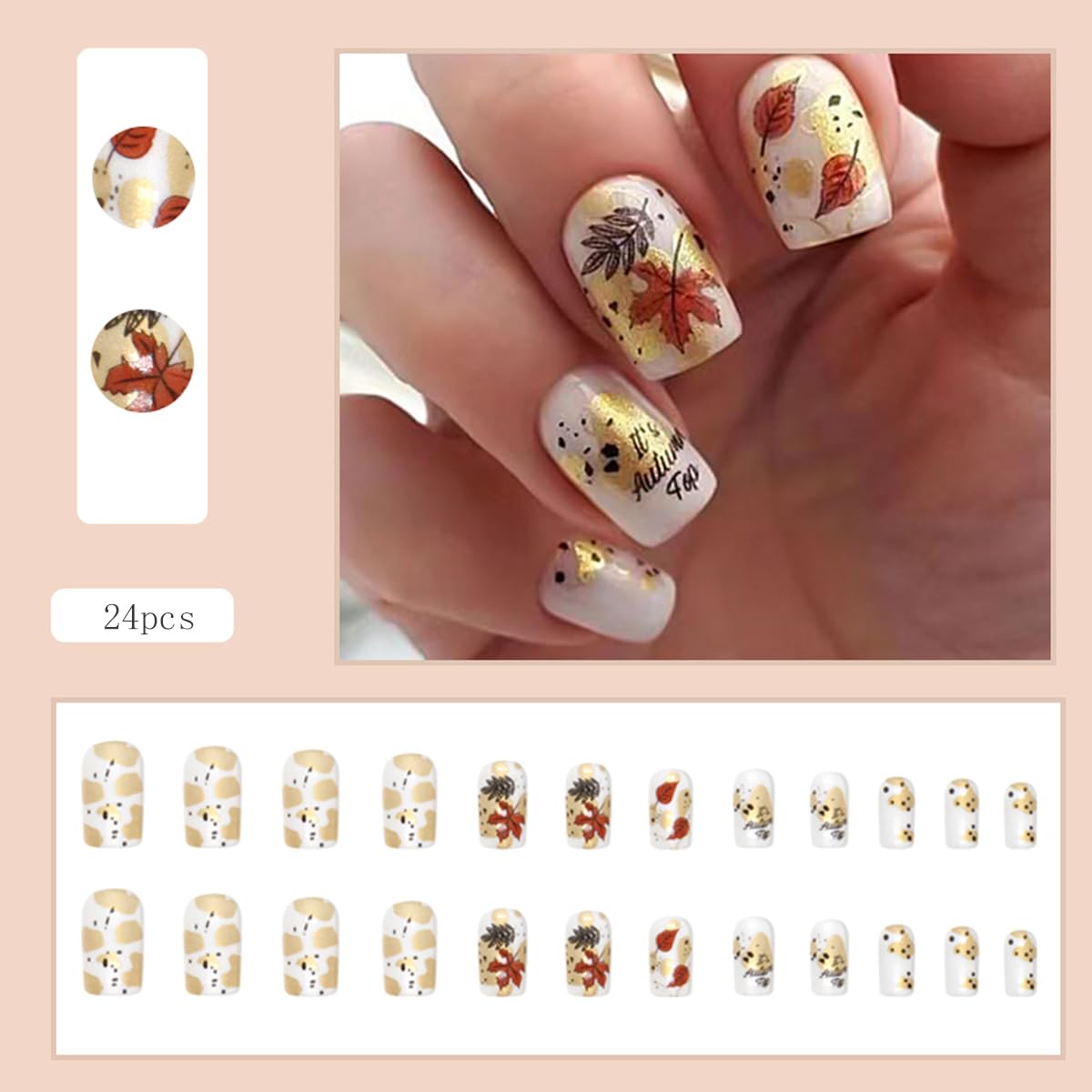 24Pcs Fall Press on Nails Short Maple Leaf and Letter with Designs, Full Cover Fake Nails Glossy Autumn Nail Tips Medium Square Shaped for Women Girls Nails Supplies Thanksgiving Decorations - Image 6
