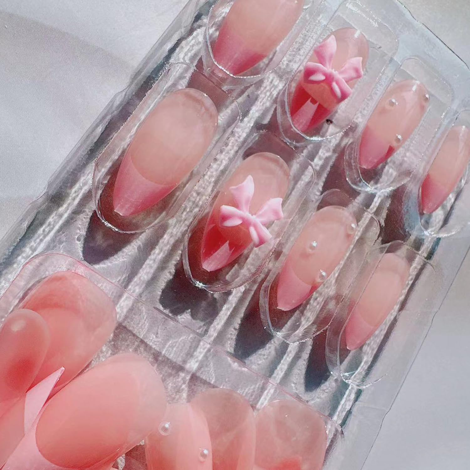 24Pcs French Press on Nails Almond Fake Nails with Bow Pearl Design Pink French Tip False Nails Cute Pink Press on French Nail Tips Glossy Artificial Nails Acrylic Stick on Nails for Women Manicure - Image 6