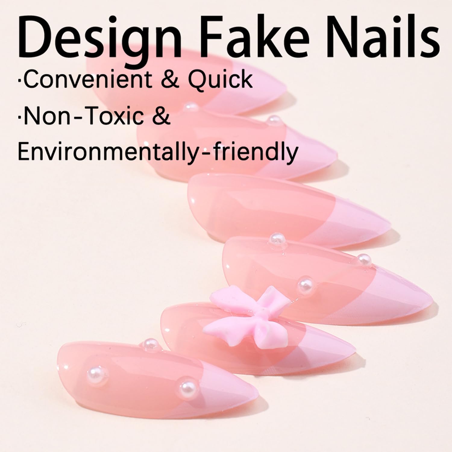 24Pcs French Press on Nails Almond Fake Nails with Bow Pearl Design Pink French Tip False Nails Cute Pink Press on French Nail Tips Glossy Artificial Nails Acrylic Stick on Nails for Women Manicure - Image 2