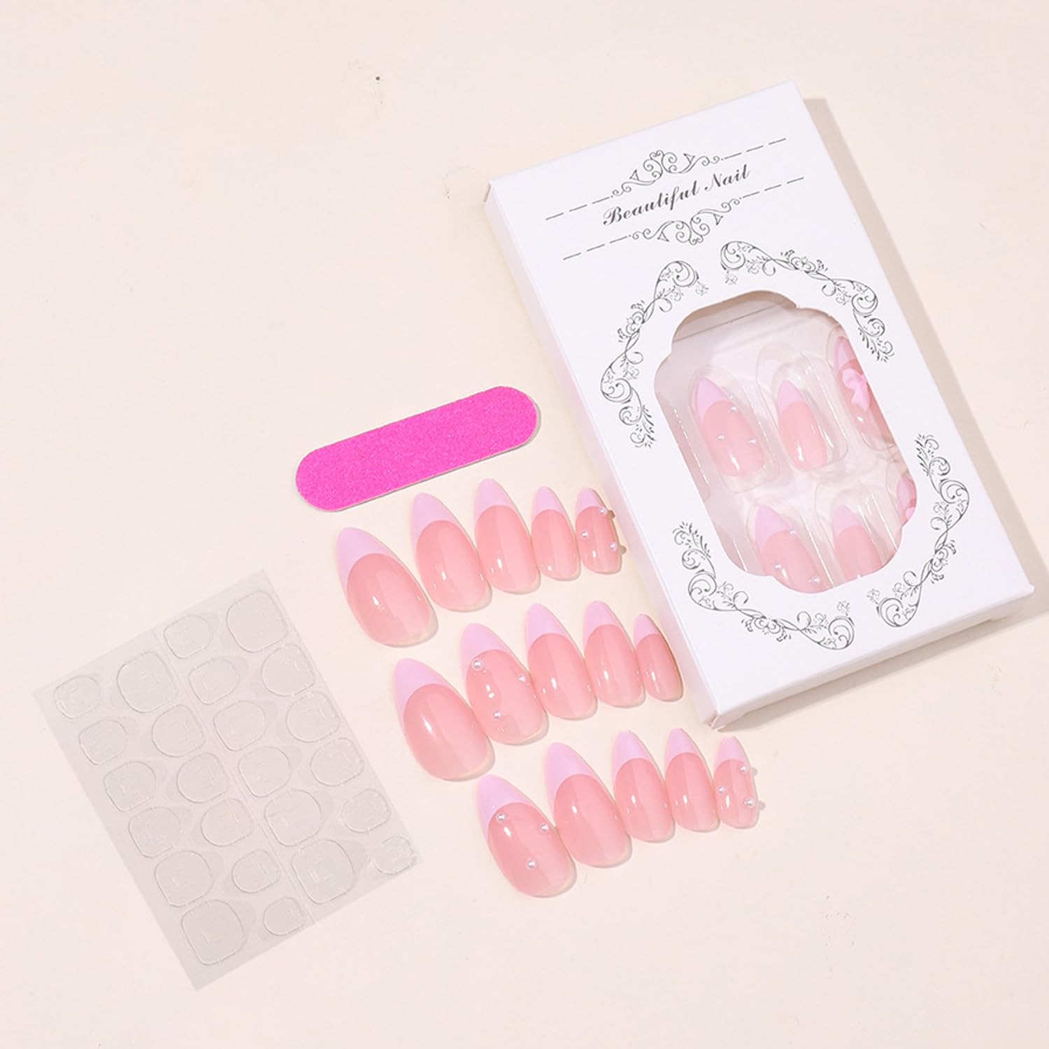 24Pcs French Press on Nails Almond Fake Nails with Bow Pearl Design Pink French Tip False Nails Cute Pink Press on French Nail Tips Glossy Artificial Nails Acrylic Stick on Nails for Women Manicure - Image 4