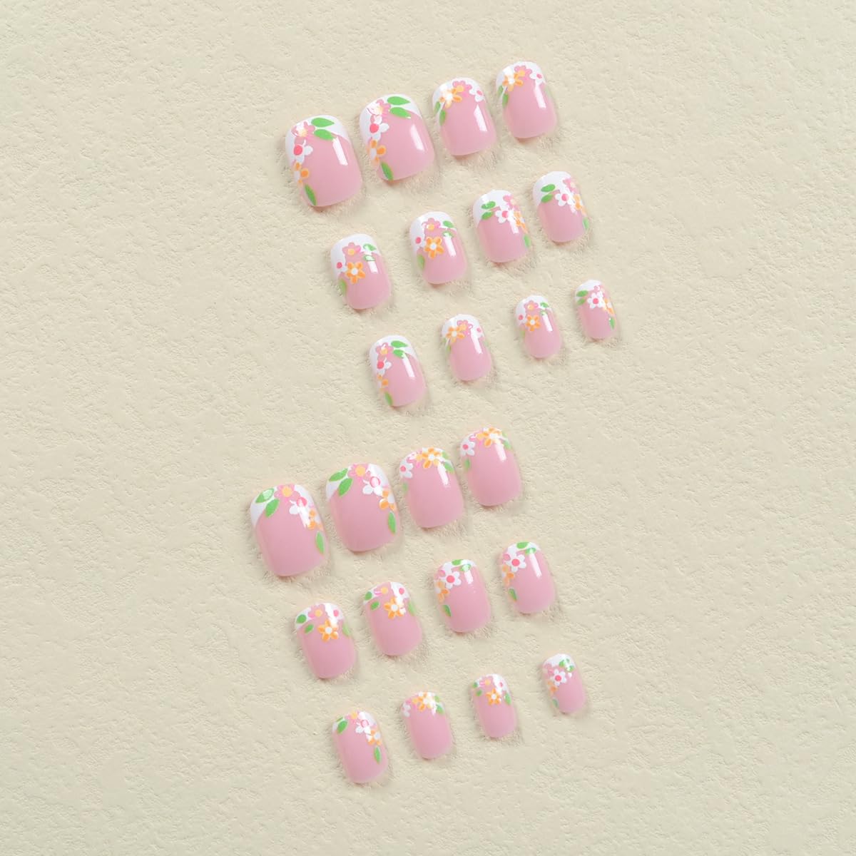24Pcs French Press on Nails Short Square Fake Nails with Flowers and Leaf Design Summer Jelly Glue Nails White Outline False Nails Glossy Acrylic Stick on Nails for Women Girls - Image 4