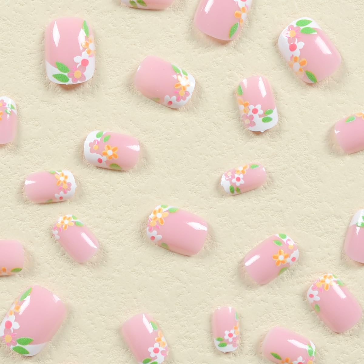 24Pcs French Press on Nails Short Square Fake Nails with Flowers and Leaf Design Summer Jelly Glue Nails White Outline False Nails Glossy Acrylic Stick on Nails for Women Girls - Image 2