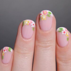 24Pcs French Press on Nails Short Square Fake Nails with Flowers and Leaf Design Summer Jelly Glue Nails White Outline False Nails Glossy Acrylic Stick on Nails for Women Girls