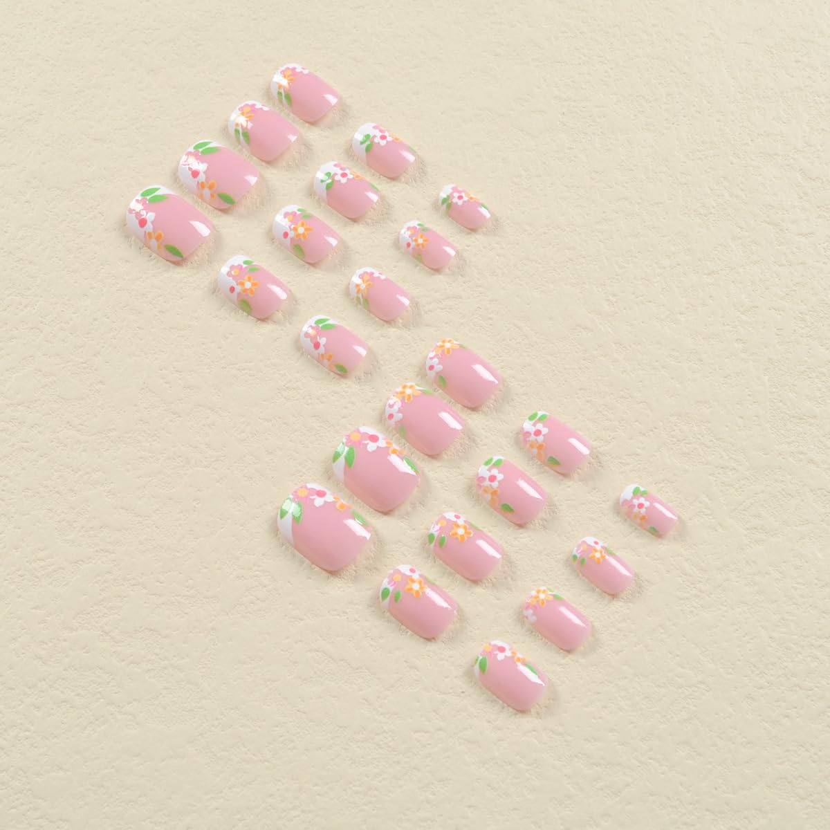 24Pcs French Press on Nails Short Square Fake Nails with Flowers and Leaf Design Summer Jelly Glue Nails White Outline False Nails Glossy Acrylic Stick on Nails for Women Girls - Image 3