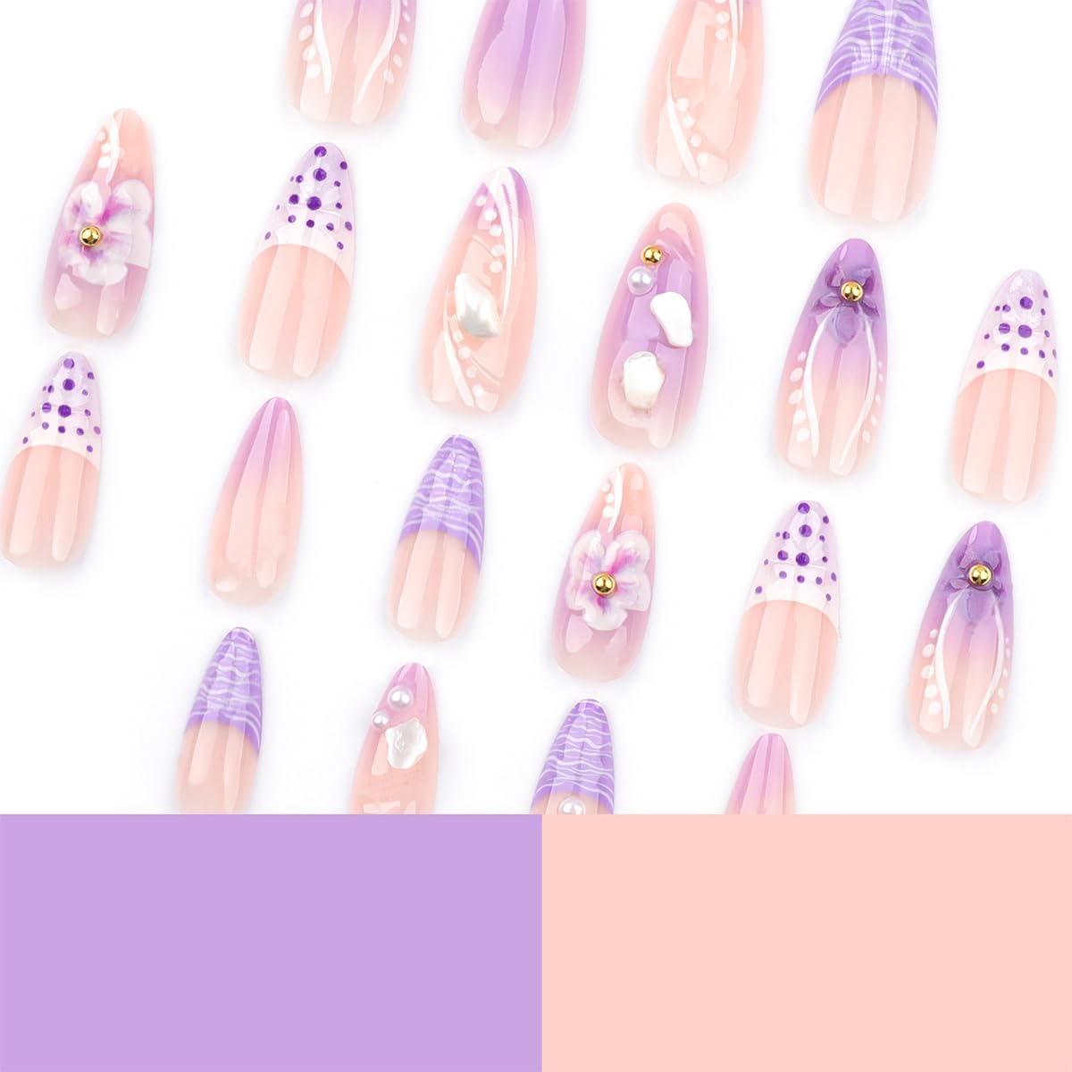 24Pcs French Tip Press on Nails Almond Medium Flower Fake Nails Purple Gradient False Nails with 3D Flowers Pearl Nail Designs Luxury Glue on Nails Acrylic Artificial Nails for Women - Image 5