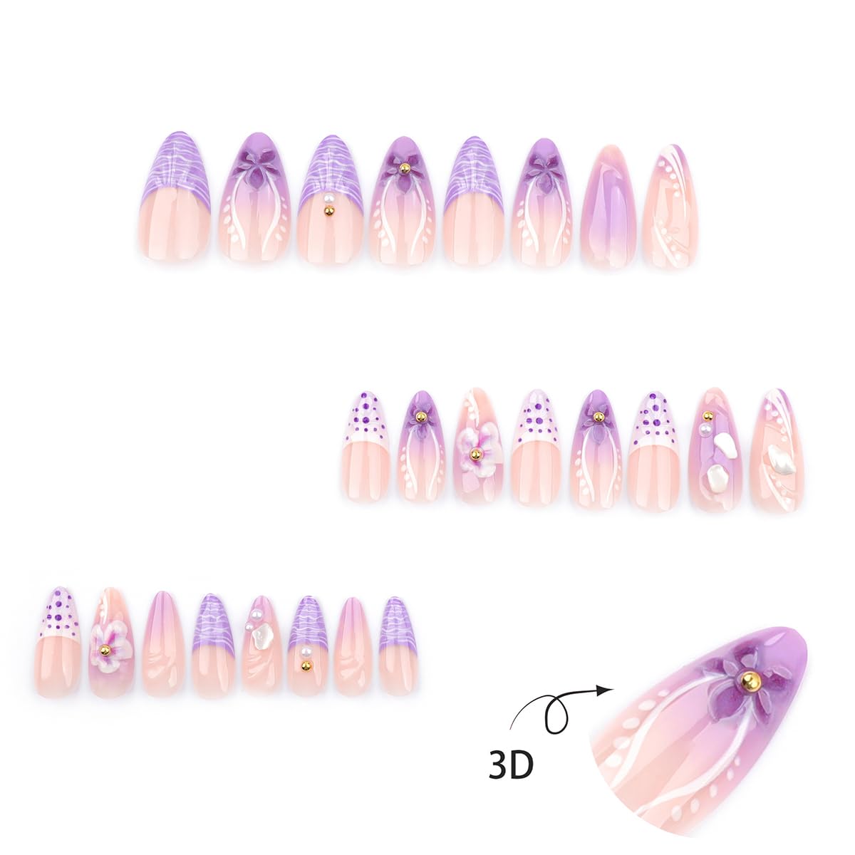 24Pcs French Tip Press on Nails Almond Medium Flower Fake Nails Purple Gradient False Nails with 3D Flowers Pearl Nail Designs Luxury Glue on Nails Acrylic Artificial Nails for Women - Image 4