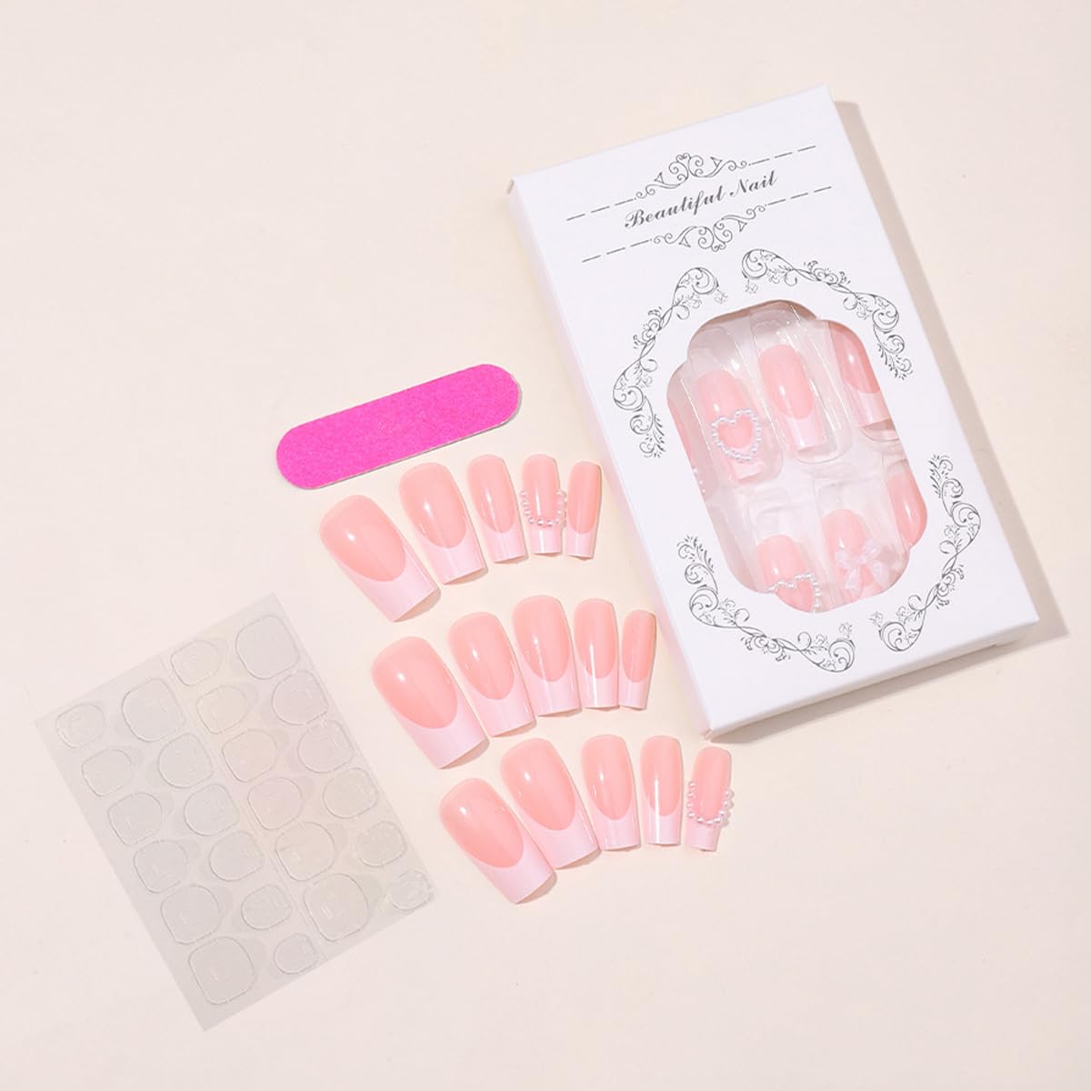 24Pcs French Tip Press on Nails with Charms Designs Medium Long Fake Nails French Heart Nails Press on Cute Rose Flower Stick on Nails Square Shape Acrylic Nails Pearl Nails for Women Daily Wear - Image 4