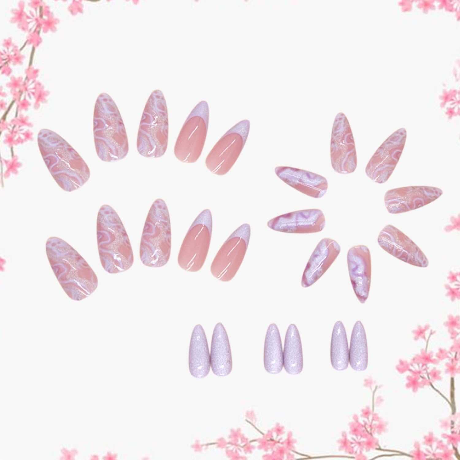 24Pcs Glitter Marble Press on Nails Medium French Tip Fake Nails Nude False Nails with Purple Sparkly Design Glossy Acrylic Nails Full Cover Glue on Nails False Nails for Women Girls Nail Decoration - Image 4