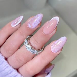 24Pcs Glitter Marble Press on Nails Medium French Tip Fake Nails Nude False Nails with Purple Sparkly Design Glossy Acrylic Nails Full Cover Glue on Nails False Nails for Women Girls Nail Decoration