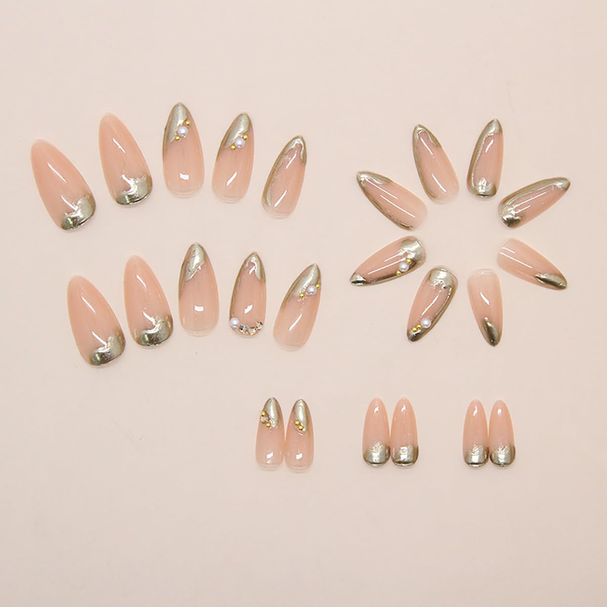 24Pcs Gold French Tip Press on Nails Almond Medium Fake Nails with 3D Diamond Pearl Rhinestones Design Gold Chrome Press ons Nude Pink Acrylic False Nails Glossy Full Cover Glue on Nails for Women - Image 6