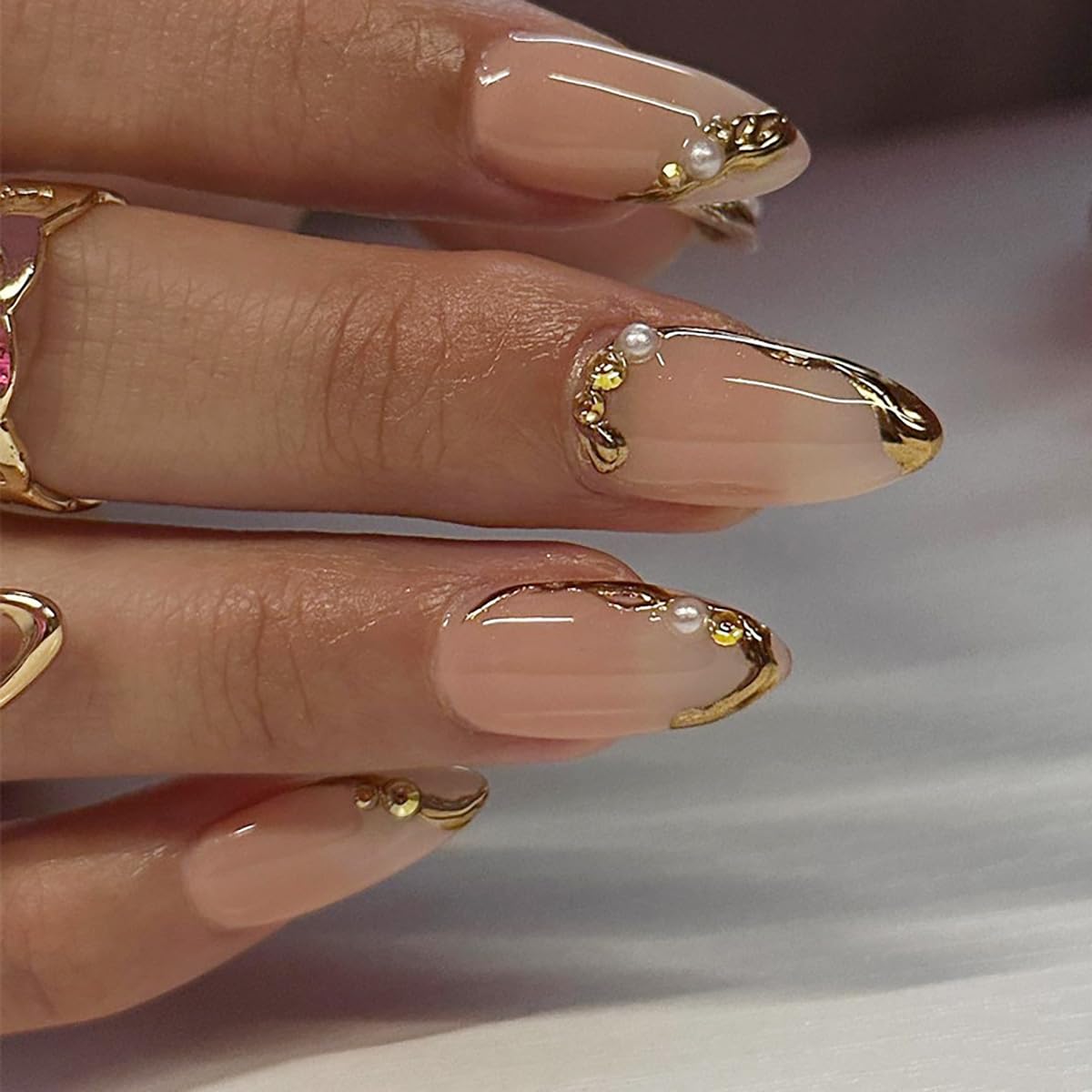 24Pcs Gold French Tip Press on Nails Almond Medium Fake Nails with 3D Diamond Pearl Rhinestones Design Gold Chrome Press ons Nude Pink Acrylic False Nails Glossy Full Cover Glue on Nails for Women - Image 3