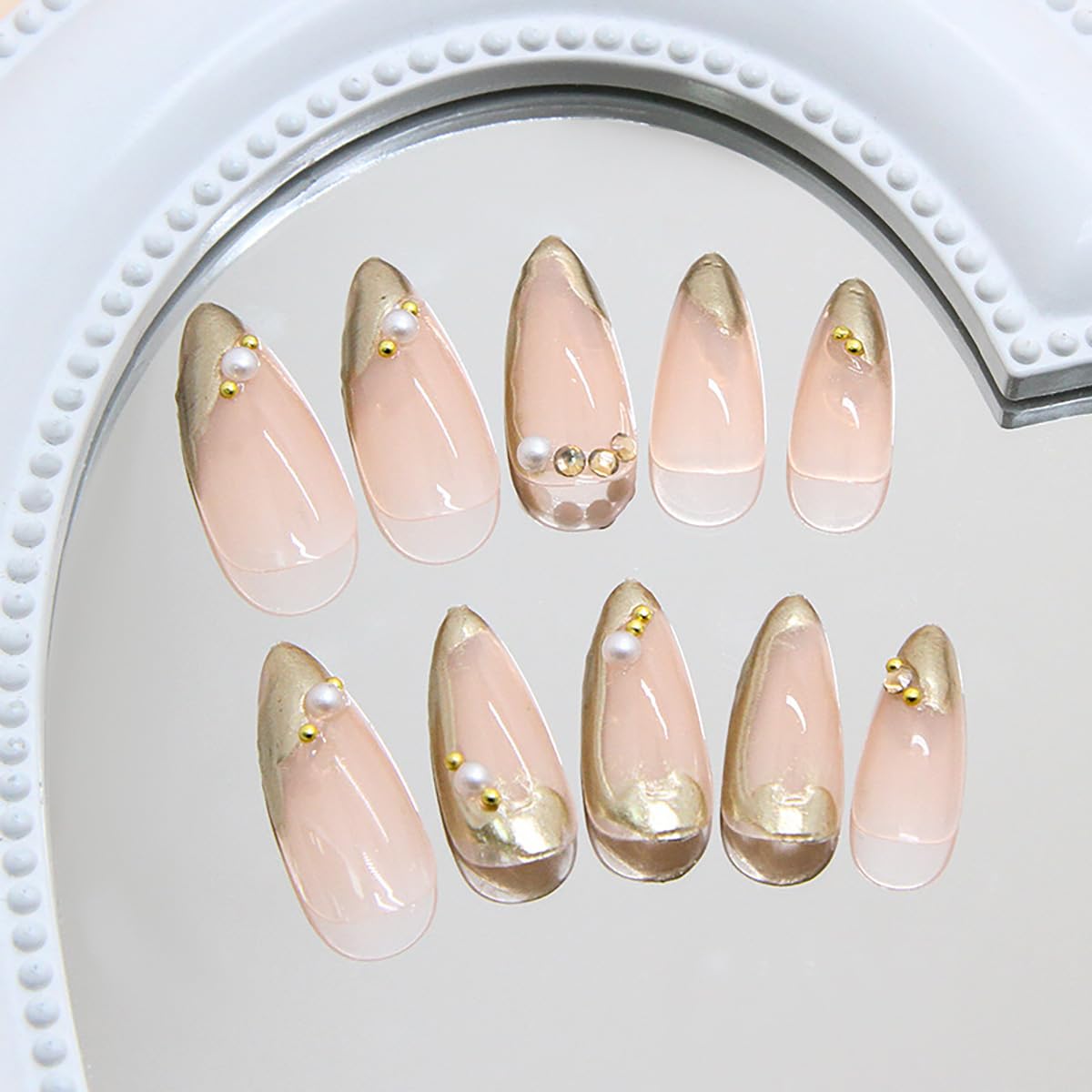 24Pcs Gold French Tip Press on Nails Almond Medium Fake Nails with 3D Diamond Pearl Rhinestones Design Gold Chrome Press ons Nude Pink Acrylic False Nails Glossy Full Cover Glue on Nails for Women - Image 4