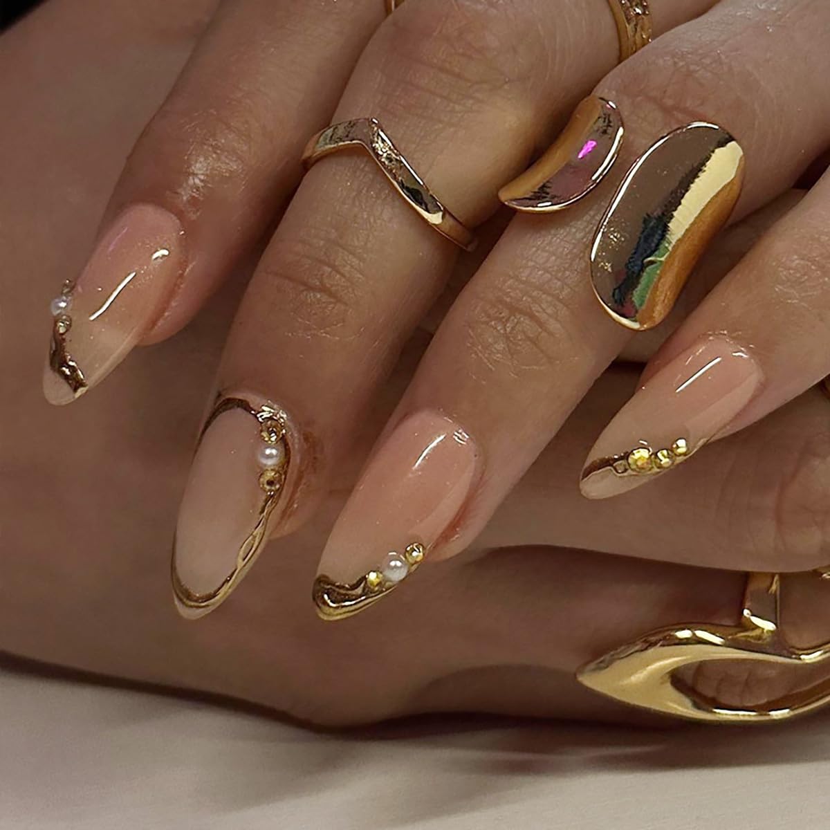 24Pcs Gold French Tip Press on Nails Almond Medium Fake Nails with 3D Diamond Pearl Rhinestones Design Gold Chrome Press ons Nude Pink Acrylic False Nails Glossy Full Cover Glue on Nails for Women - Image 2