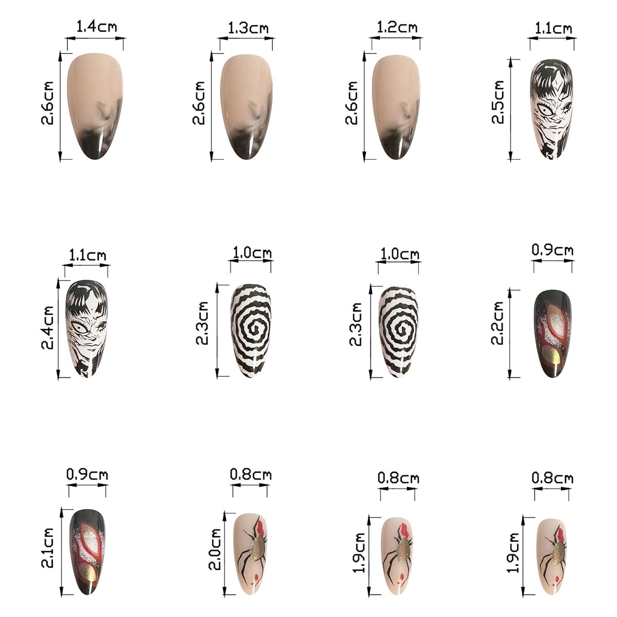 24Pcs Gothic Press on Nails Medium Almond Fake Nails Punk Cartoon Anime Design Black White Full Cover Glue on Nails Horror Gothic Designs French False Nails for Women Girls Acrylic Manicure Decor - Image 5