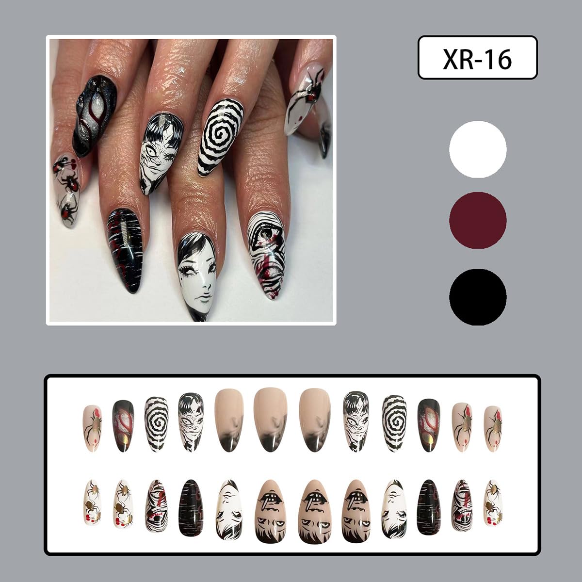 24Pcs Gothic Press on Nails Medium Almond Fake Nails Punk Cartoon Anime Design Black White Full Cover Glue on Nails Horror Gothic Designs French False Nails for Women Girls Acrylic Manicure Decor - Image 3