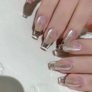24Pcs Grey French Tip Press on Nails Medium Long Square Fake Nails Full Cover Silver Glitter Glue on Nails Glossy Designs Nude False Nails Stick on Nails for Women Girls Acrylic Manicure Decorations