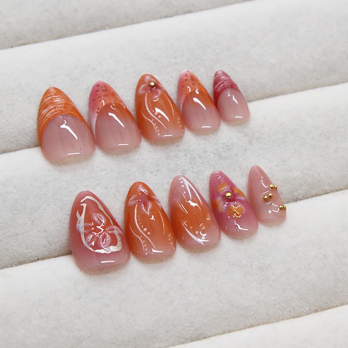24Pcs Handmade Press on Nails Medium French Tip Fake Nails Almond Shaped 3D Flower Hibiscus with Gold Beads Glitter Design Glue on Nails Spring Summer False Nails for Women Girls Acrylic Manicure - Image 3