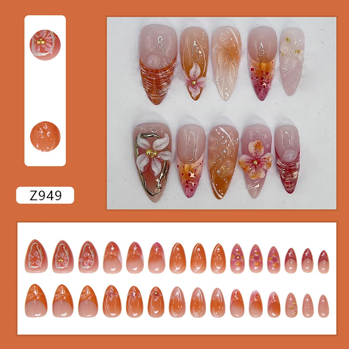 24Pcs Handmade Press on Nails Medium French Tip Fake Nails Almond Shaped 3D Flower Hibiscus with Gold Beads Glitter Design Glue on Nails Spring Summer False Nails for Women Girls Acrylic Manicure - Image 2