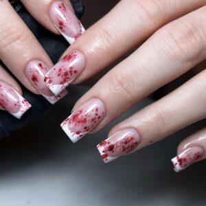 24pcs Horror Gothic Press on Nails - Short Square, French Tip, Full Cover, Glue on Nails - Bleeding Acrylic Designs for Halloween