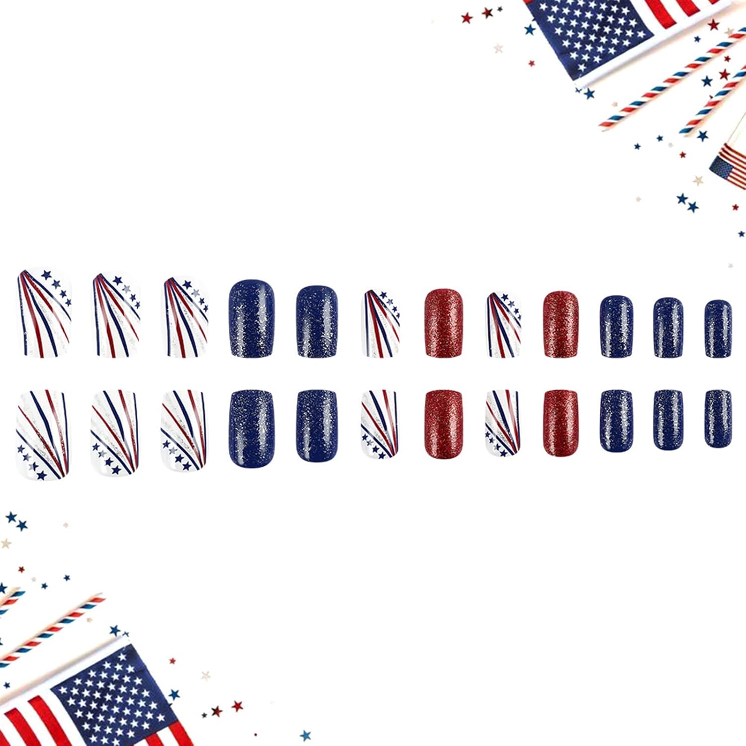 24Pcs Independent Day Press on Nails 4th of July Medium Square Coffin Fake Nails Red Blue Glitter Full Cover Glossy Acrylic nails False Nails Colorful Line Star Glue on Nails Manicure Decor - Image 4