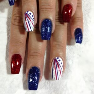 24Pcs Independent Day Press on Nails 4th of July Medium Square Coffin Fake Nails Red Blue Glitter Full Cover Glossy Acrylic nails False Nails Colorful Line Star Glue on Nails Manicure Decor