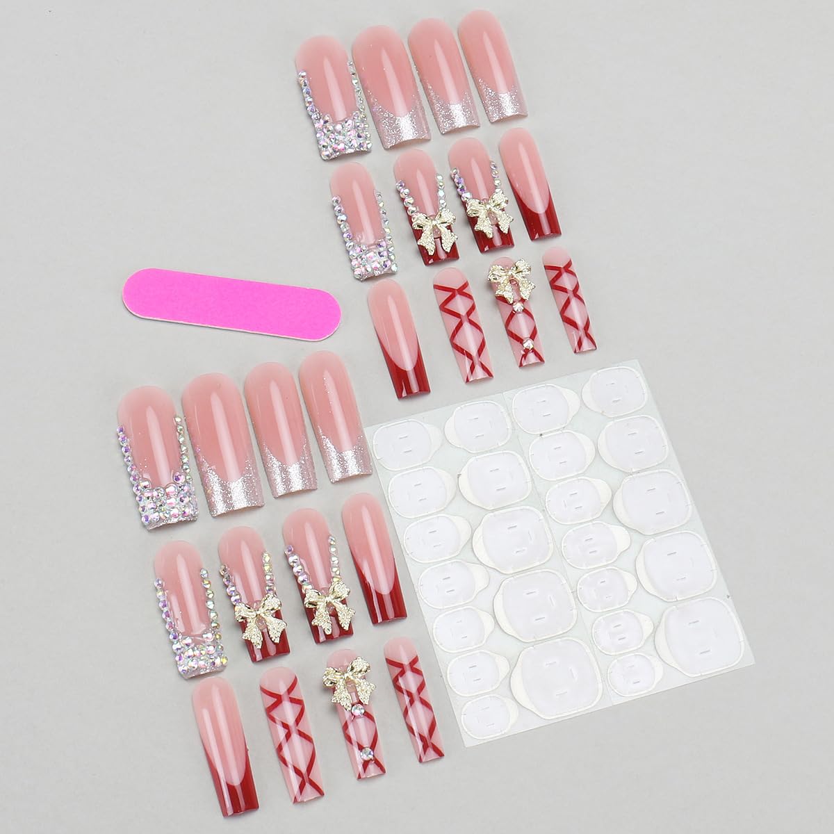 24Pcs Long Coffin Press on Nails Red French Tip Fake Nails with 3D Metal Bow Rhinestones Designs Spring Summer Acrylic Nails Full Cover French False Nails Bow Diamond Stick on Nails for Women - Image 2