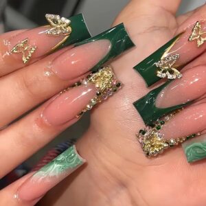 24Pcs Long Press on Nails Green French Tip Fake Nails with 3D Butterfly Nail Charms Rhinestones Glue on Nails Pink Acrylic Nails Handmade False Nails XL Press ons for Women Girls Nail Supplies