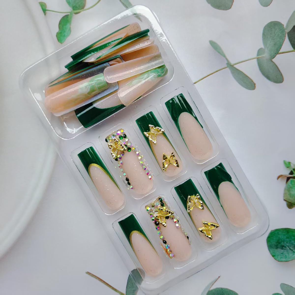 24Pcs Long Press on Nails Green French Tip Fake Nails with 3D Butterfly Nail Charms Rhinestones Glue on Nails Pink Acrylic Nails Handmade False Nails XL Press ons for Women Girls Nail Supplies - Image 2