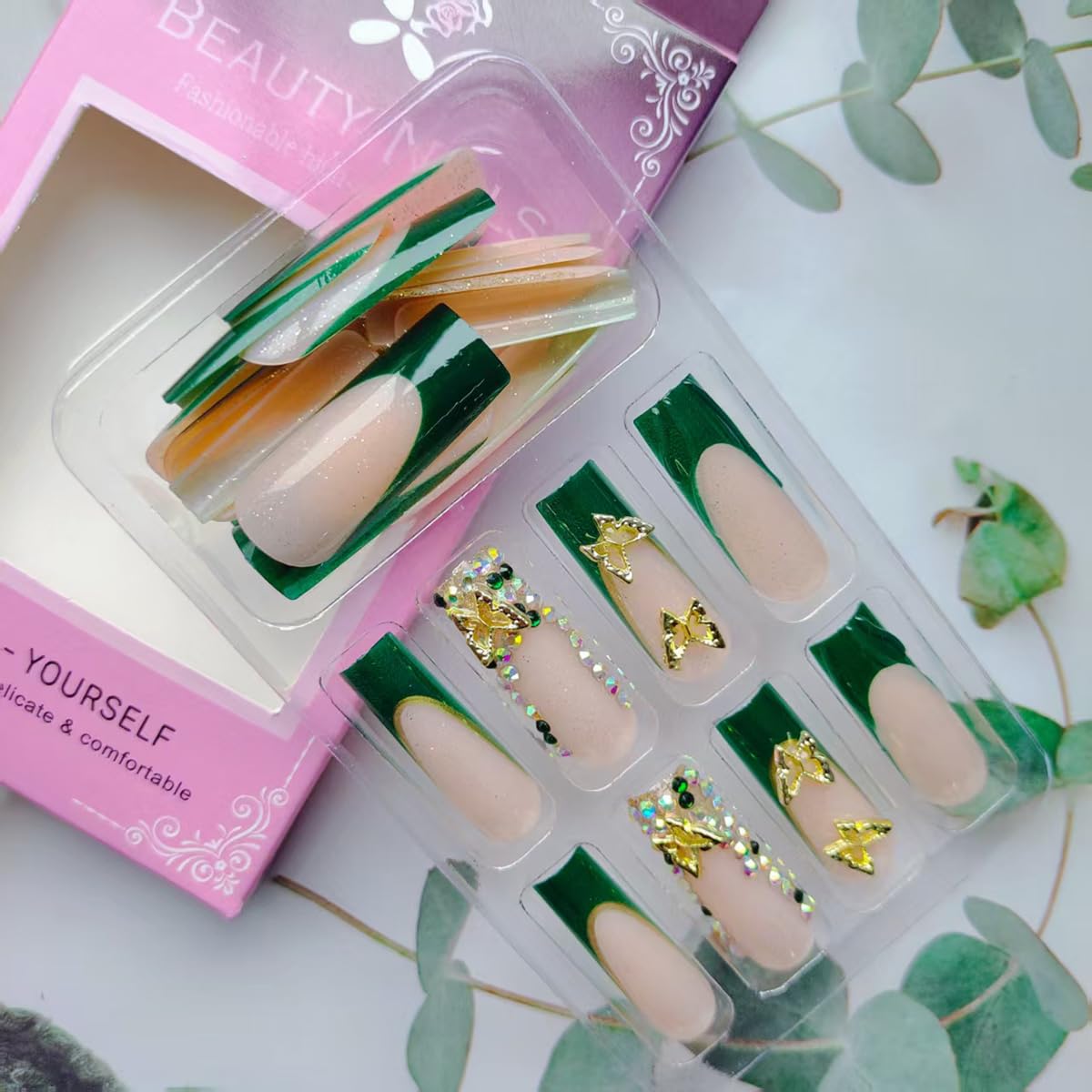 24Pcs Long Press on Nails Green French Tip Fake Nails with 3D Butterfly Nail Charms Rhinestones Glue on Nails Pink Acrylic Nails Handmade False Nails XL Press ons for Women Girls Nail Supplies - Image 3