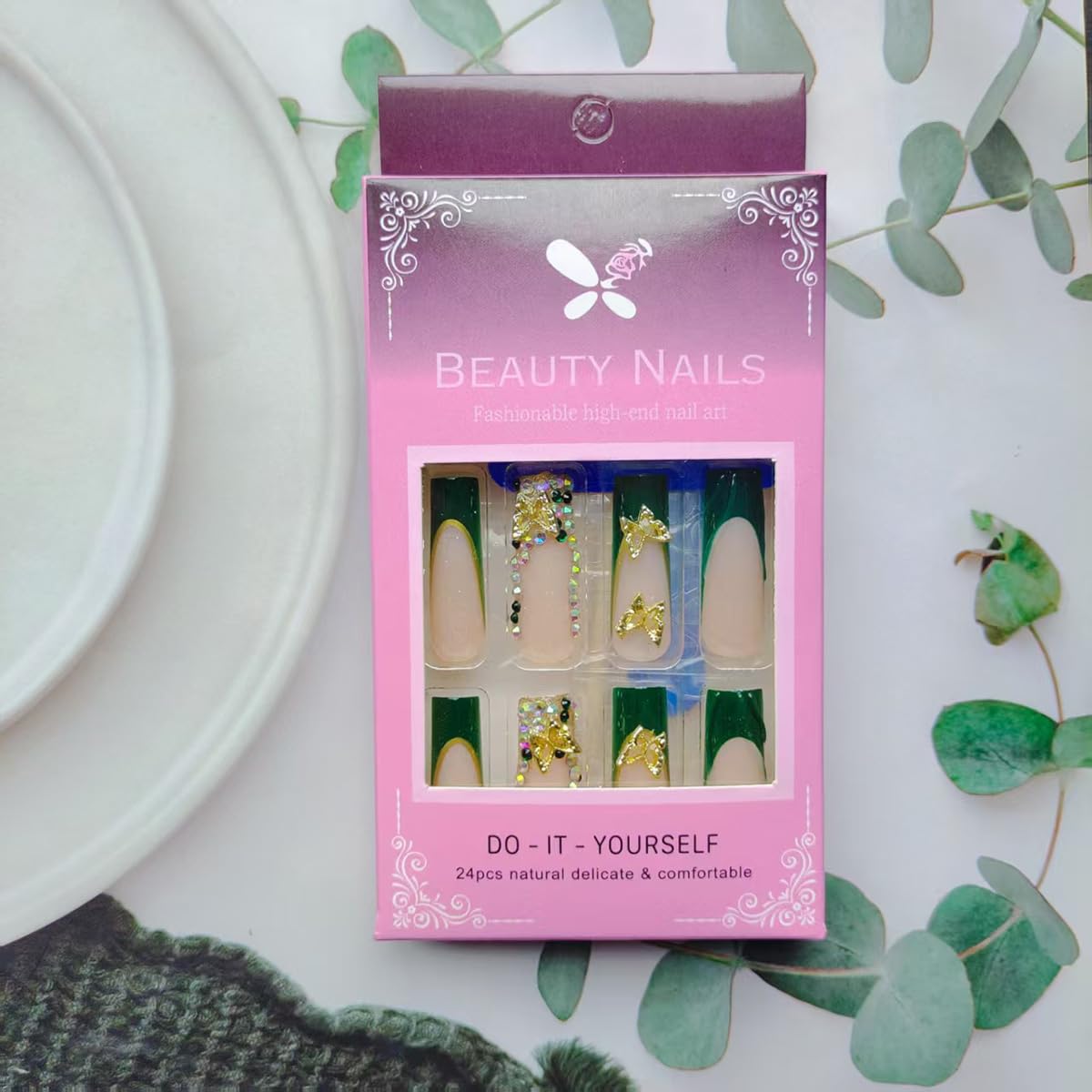 24Pcs Long Press on Nails Green French Tip Fake Nails with 3D Butterfly Nail Charms Rhinestones Glue on Nails Pink Acrylic Nails Handmade False Nails XL Press ons for Women Girls Nail Supplies - Image 5