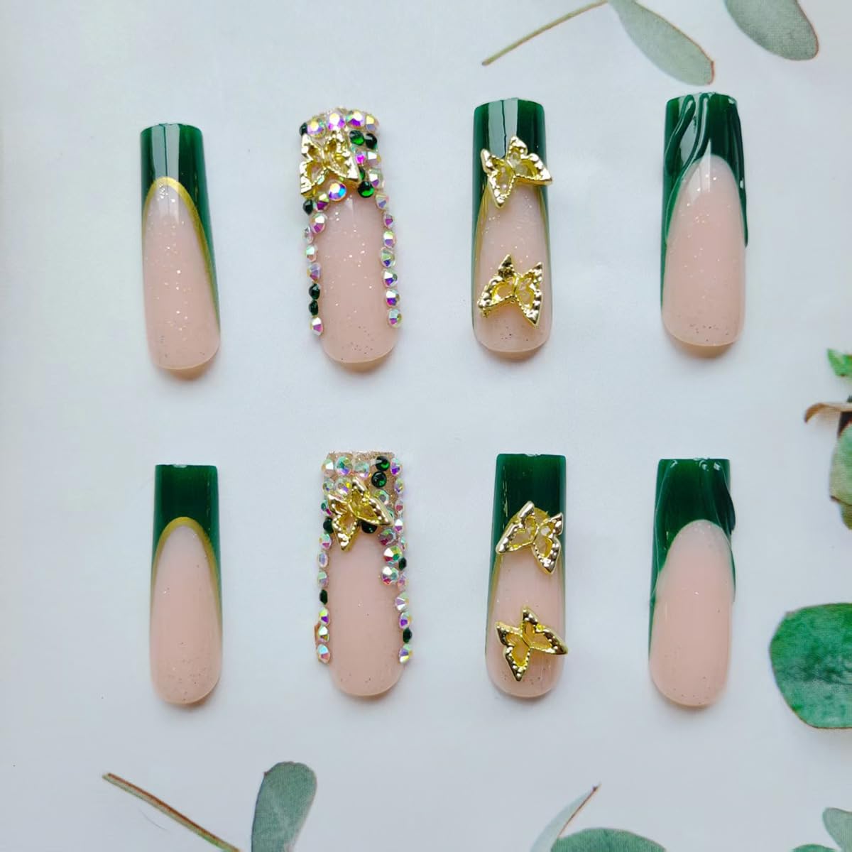 24Pcs Long Press on Nails Green French Tip Fake Nails with 3D Butterfly Nail Charms Rhinestones Glue on Nails Pink Acrylic Nails Handmade False Nails XL Press ons for Women Girls Nail Supplies - Image 4