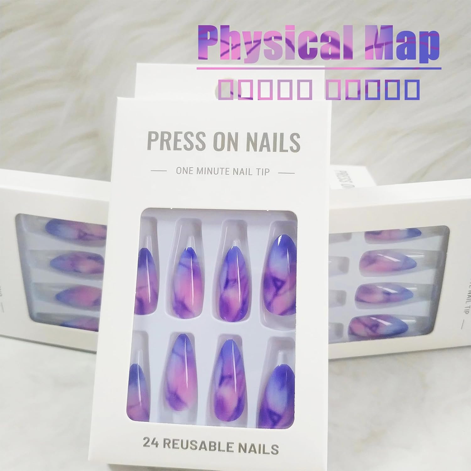 24Pcs Marble Press On Nails with Ombre Design, Gradient Manicure Art Acrylic Medium Almond Fake Nails, Stick On Glossy Purple Gradient Full Cover False Nails Gel Glue On Nails for Women and Girls - Image 8