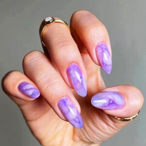 24Pcs Marble Press On Nails with Ombre Design, Gradient Manicure Art Acrylic Medium Almond Fake Nails, Stick On Glossy Purple Gradient Full Cover False Nails Gel Glue On Nails for Women and Girls
