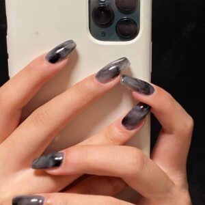 24Pcs Medium Black Coffin Press on Nails，Marble Glossy False Nails with Gradient Grey Design，Resuable Full Cover Fake Nails Set for Women，12 Sizes Nail Kit